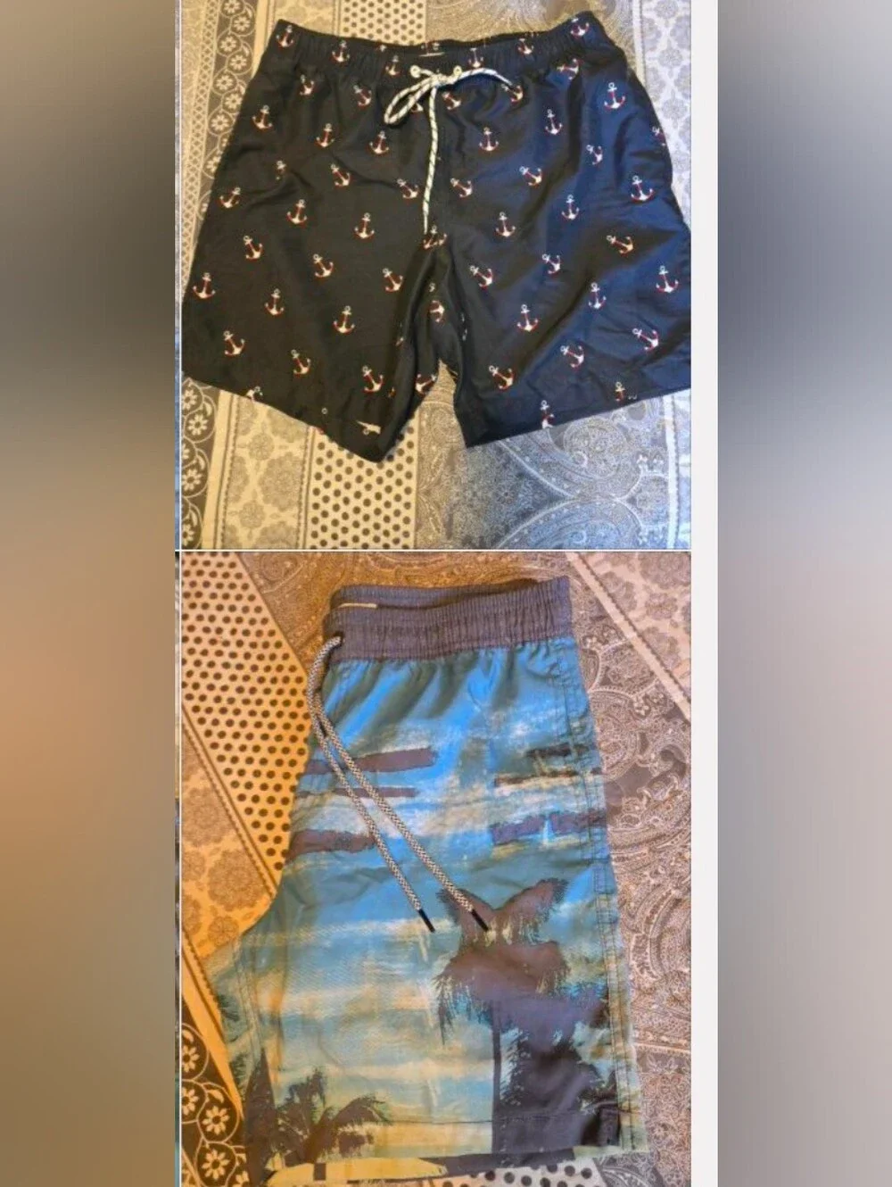 Men's Anchor Print Navy and Blue Palm Tree Board Swim Shorts - Size Medium